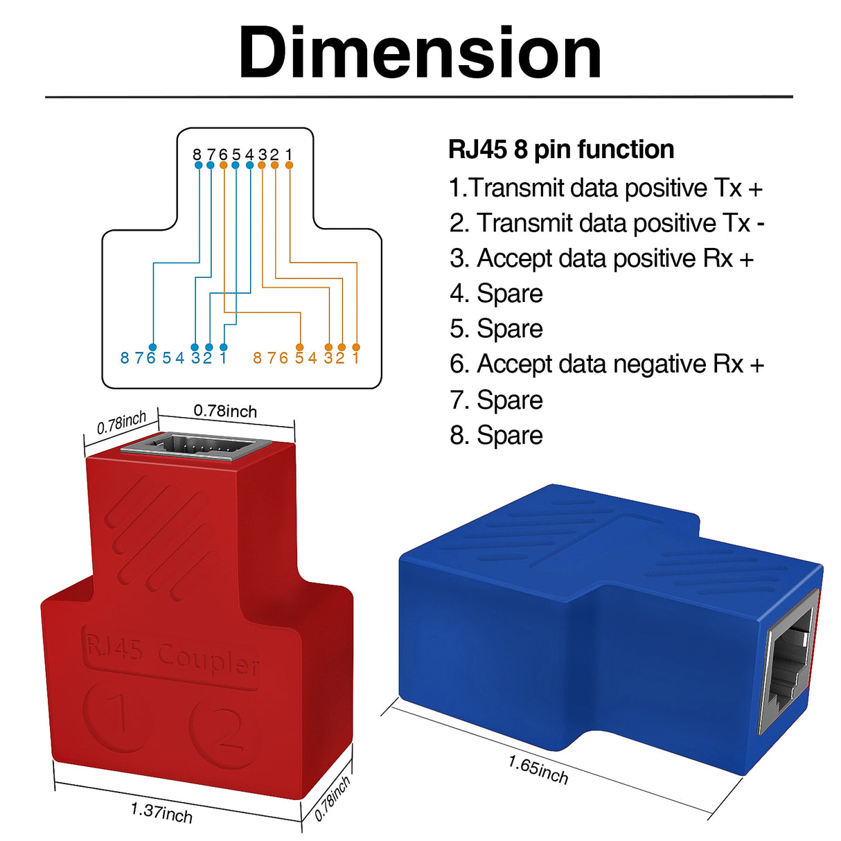 2 Pack Ethernet Splitter 1 to 2 Extender, BARDESTU RJ45 Splitter 2 Ports High Speed Internet LAN Cable Extension Connector 8P8C for Cat7/Cat6/Cat5/Cat5e, Red (Red) - vandesail
