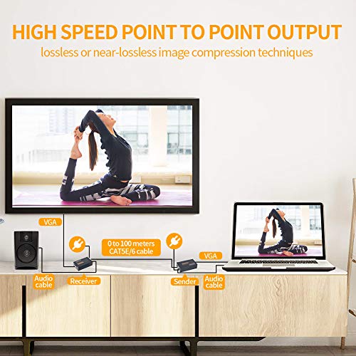 MOERISICAL VGA Cat5e Cat6 Extender 300ft Video Repeater Over Ethernet Cable, up to 100m, Sender+Receiver - vandesail