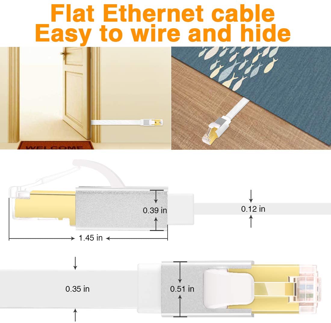 Ethernet Cable Cat 8 Vandesail Network Internet Cable, Flat LAN Cord POE with RJ45 Connector for Modems, Routers, Switches, Gaming, Network Adapters, PS5, PS4, PC, Laptop, Desktop  (White) - vandesail