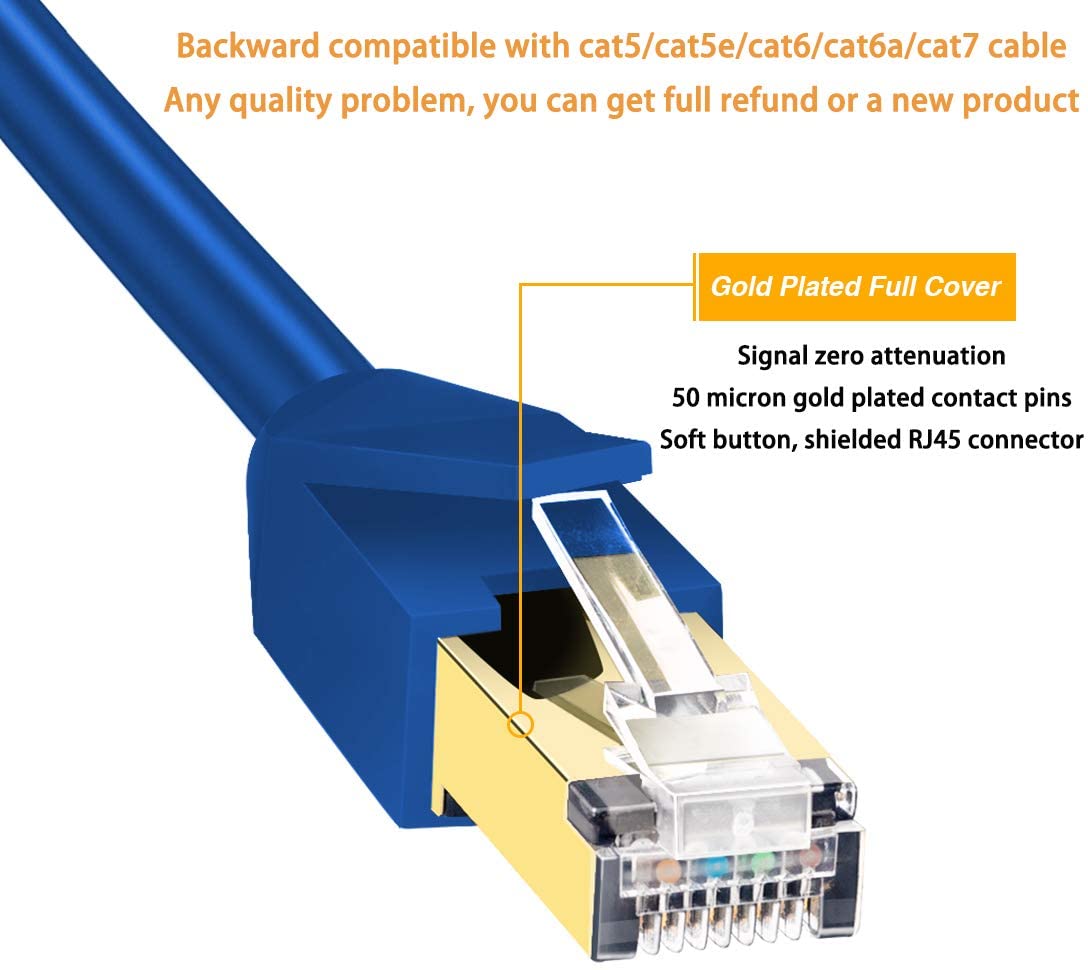CAT 8 Ethernet Cable Vandesail Internet Cable with RJ45 Connector, Outdoor&Indoor for Network Switches, Routers, Gaming, Modems, Network Adapters, PS5, PS4, PC, Laptop, Desktop (Blue) - vandesail