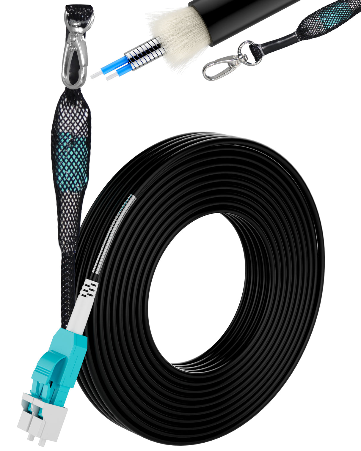 TPU OM3 Fiber LC to LC Outdoor Uniboot Fiber Patch Cable, OD-5mm Industrial 40Gb 50/125 Armored Duplex Multimode Cable, with one Pulling Eye Kit - 75M(246FT)