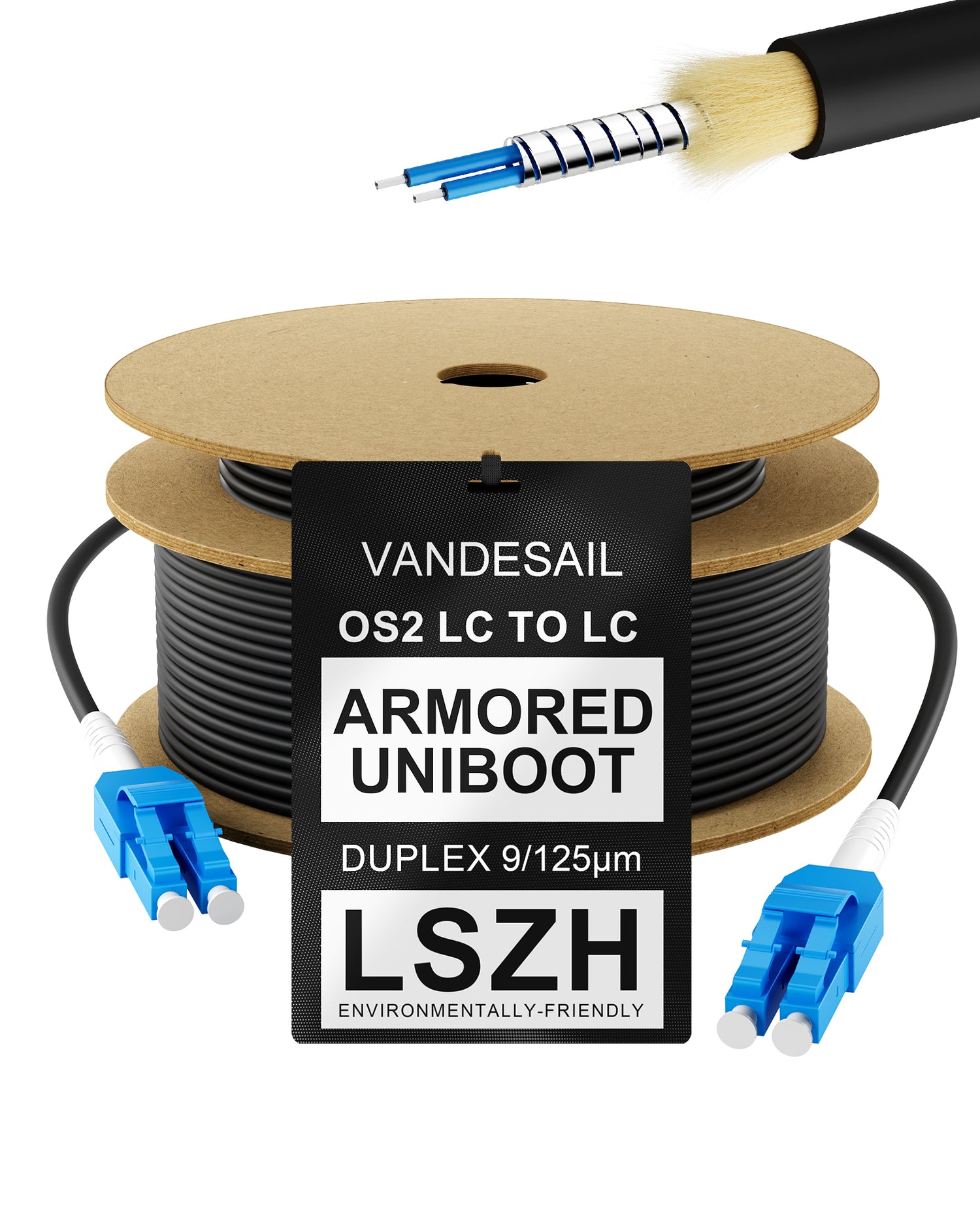 VANDESAIL Uniboot LC to LC OS2 Fiber Patch Cable, Armored Outdoor Sing ...